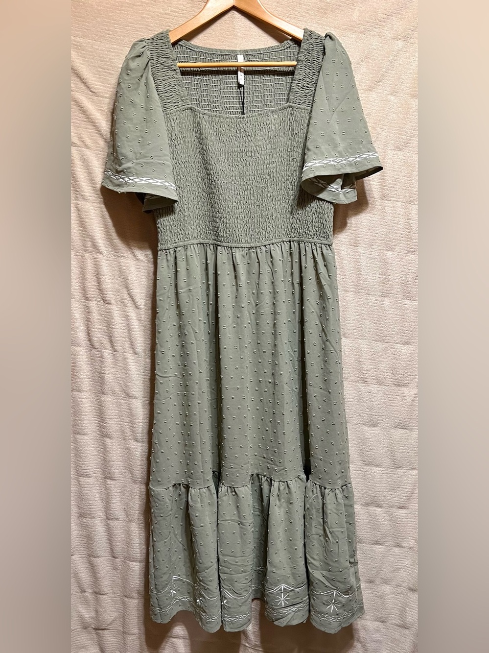 NWT Sage Green Smocked Midi Dress Cottagecore Embroidered Swiss Dot XL